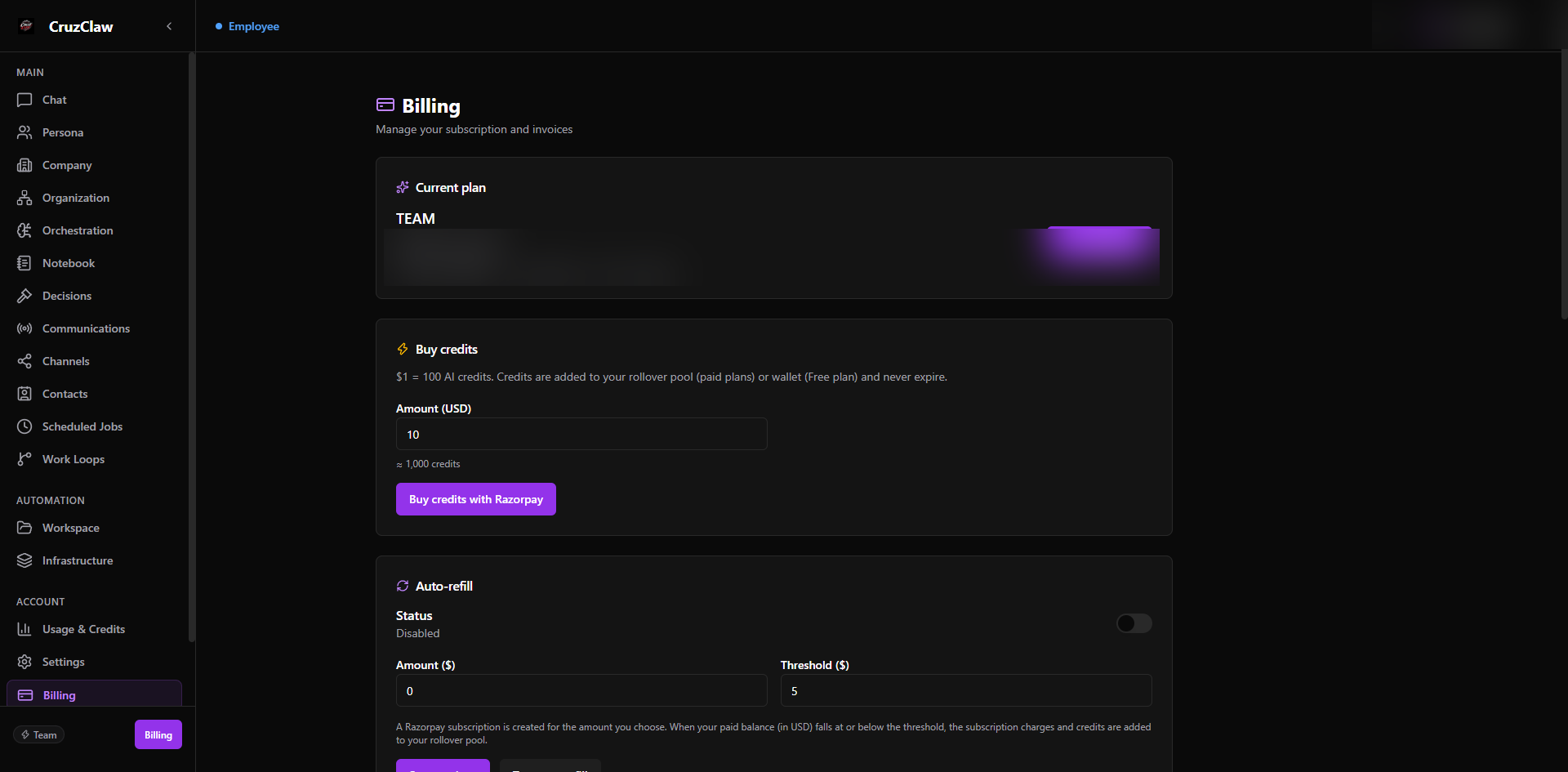 The dashboard Billing page showing the current plan card, the buy-credits form where $1 buys 100 credits, and auto-refill settings with amount and threshold fields