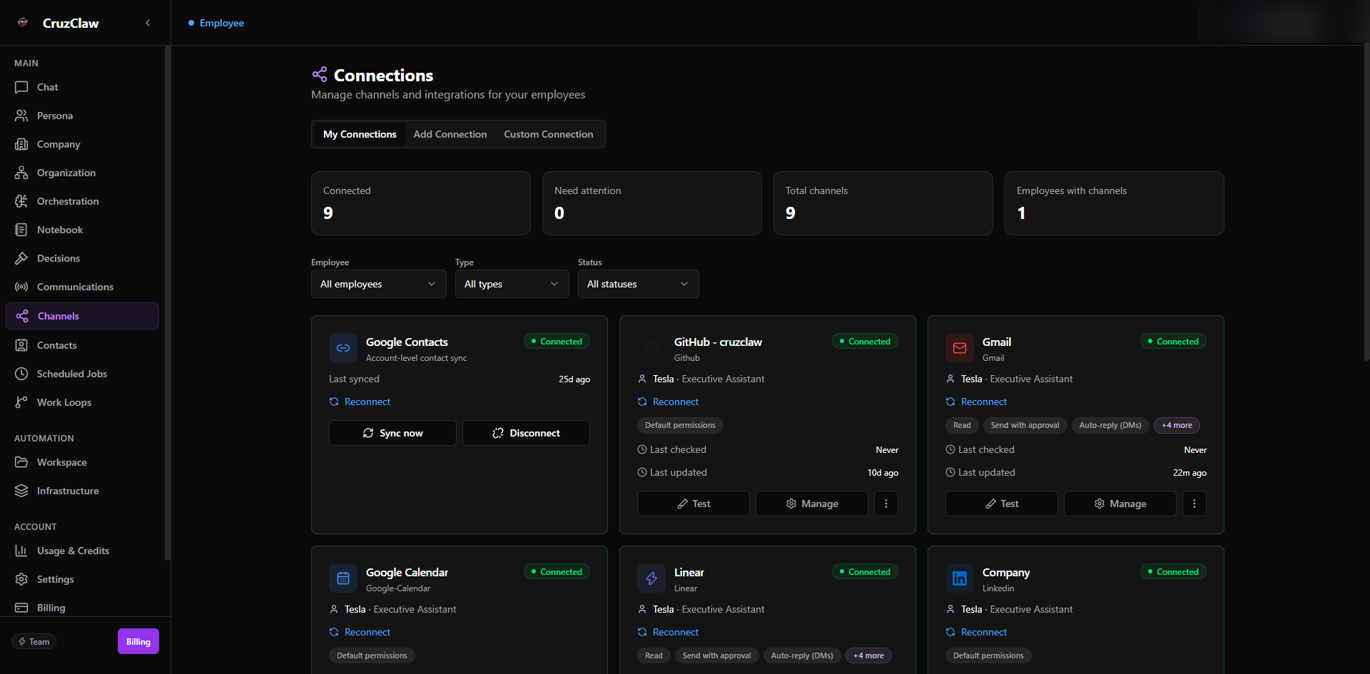 The Channels page in the dashboard, listing connected channels and integrations such as GitHub, Gmail, Google Calendar, and Linear, each with a status chip and permission pills like Read, Send with approval, and Auto-reply