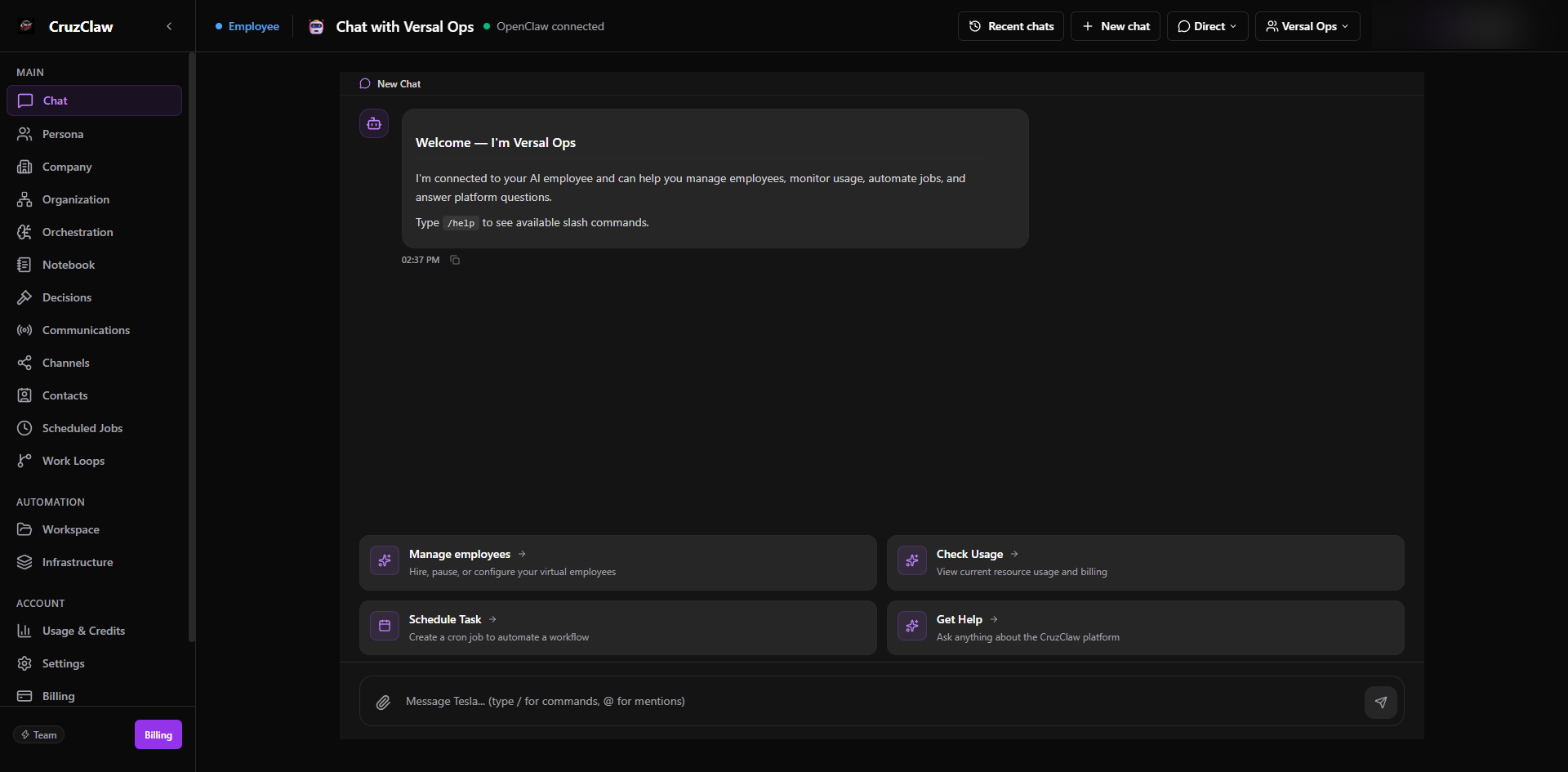 The dashboard chat composer hinting “type / for commands, @ for mentions”
