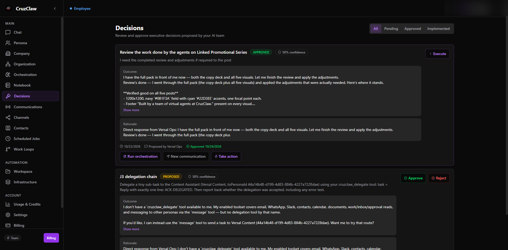 The Decisions page showing an approved decision with its outcome and rationale, and a proposed decision with Approve and Reject buttons