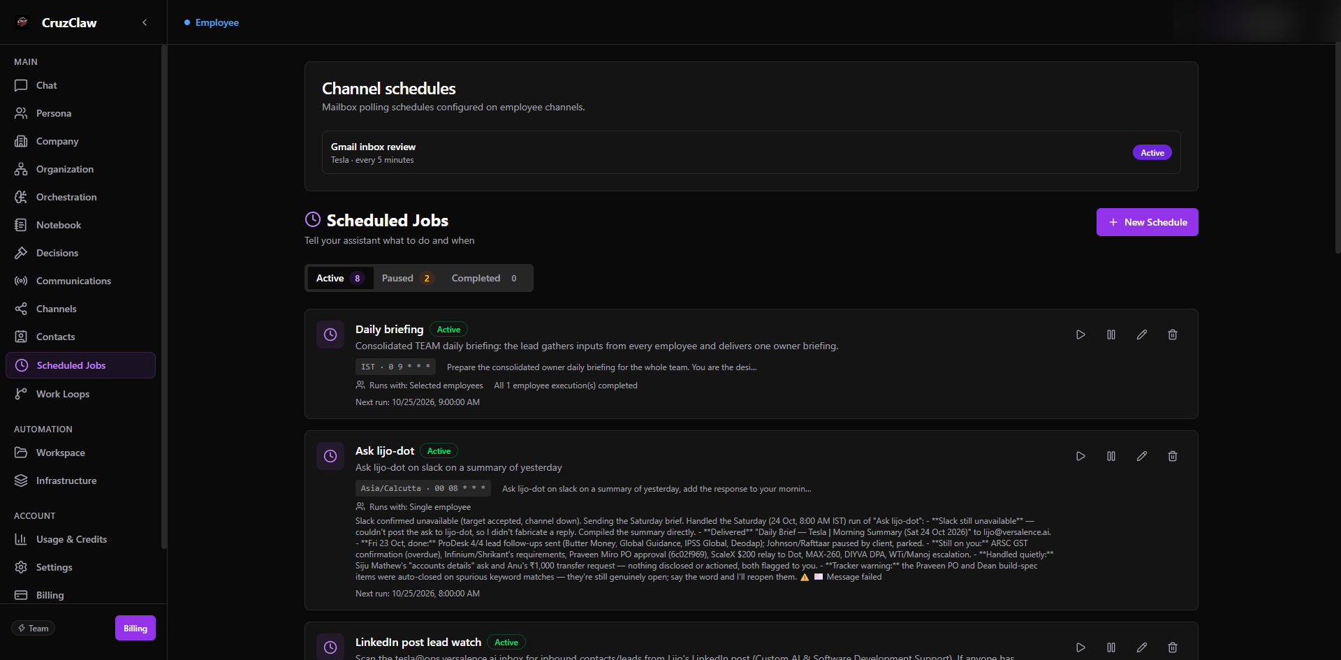 The Scheduled Jobs page showing the Channel schedules card, Active and Paused tab counts, and job cards with cron schedule, next run time, and run controls