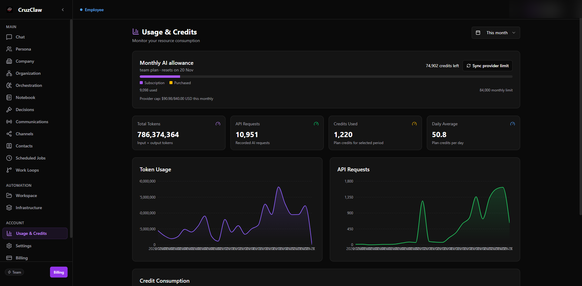 The Usage & Credits page showing the Monthly AI allowance card, stat cards for tokens, requests, and credits, and the token and request charts